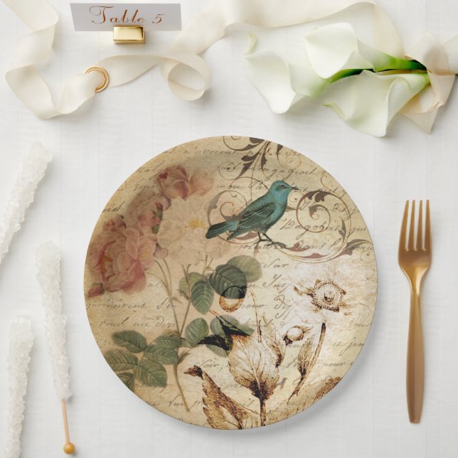 Modern Vintage french  Scripts bird botanical Paper Plate (Wedding)