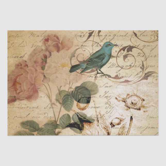 Modern Vintage french  Scripts bird botanical Tissue Paper (Front)