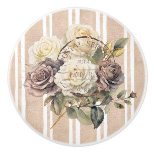 Modern vintage french style botanical stripes ceramic knob