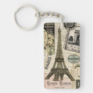 Modern Vintage French travel collage Keychain