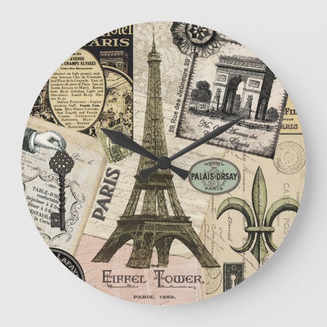 Modern Vintage French travel collage Large Clock (Front)