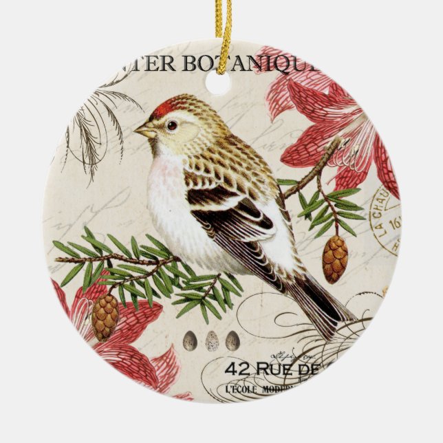 modern vintage french winter bird ceramic ornament (Front)