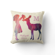 Modern Vintage Girl and Deer Monogram Throw Pillow