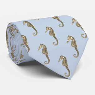 Modern Vintage Gold Brown Seahorse Soft Blue Tie