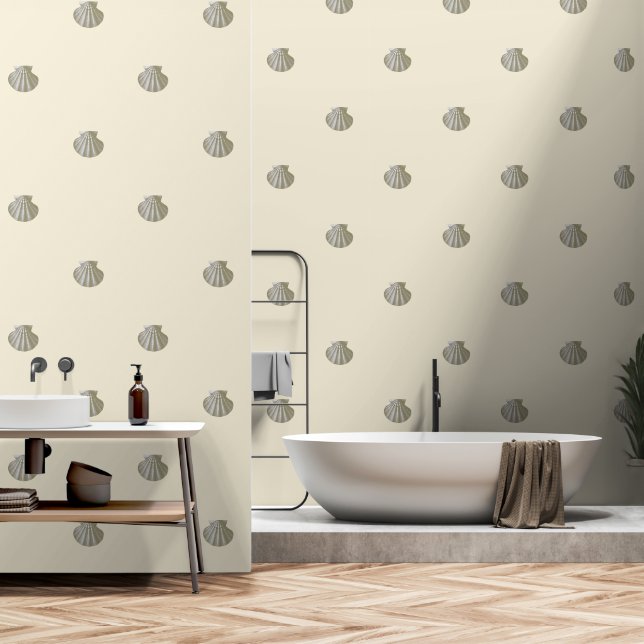 Modern Vintage Gold Shell on Cream Beige Wallpaper (Bathroom)