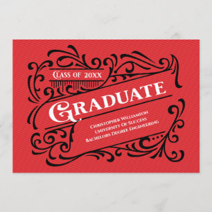 Modern Vintage Graduation Photo College School Red Invitation