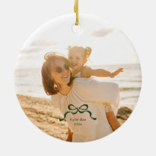 Modern Vintage Green Retro Bows Photo Christmas Ceramic Ornament