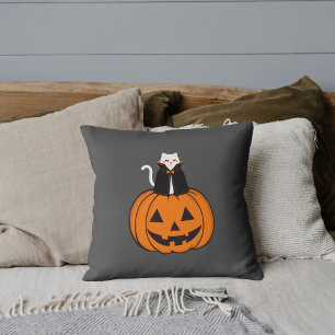 Modern Vintage Halloween Cat Pumpkin Personalized Throw Pillow