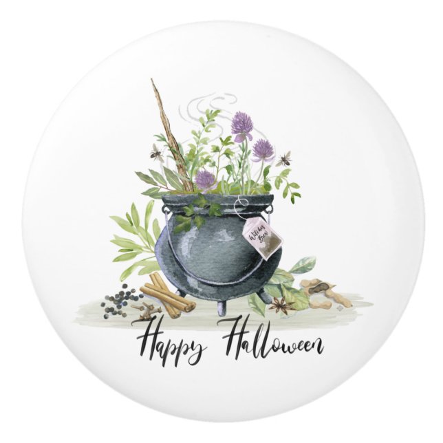 Modern Vintage Halloween cauldron recipe 1 Ceramic Knob (Front)