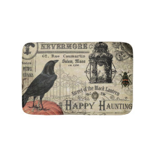 MODERN VINTAGE HALLOWEEN CROW AND PUMPKIN BATH MAT