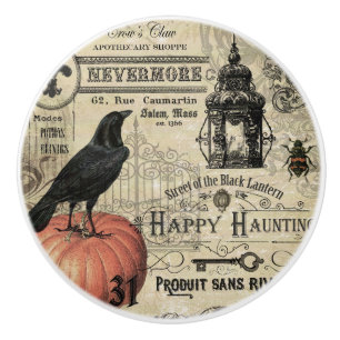 MODERN VINTAGE HALLOWEEN CROW AND PUMPKIN CERAMIC KNOB
