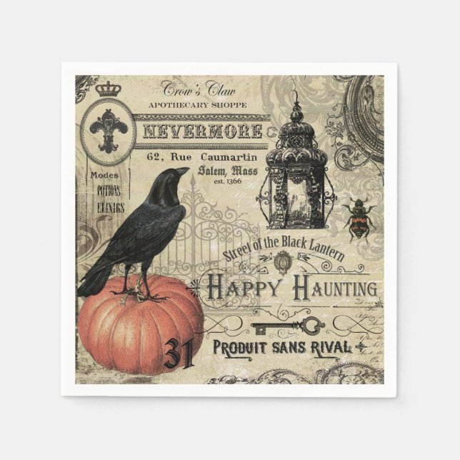 modern vintage Halloween crow and pumpkin Napkin (Front)