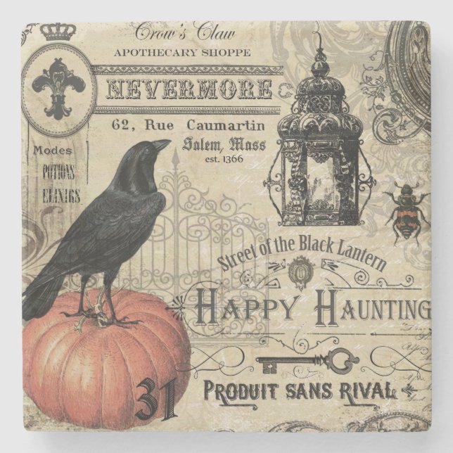 MODERN VINTAGE HALLOWEEN CROW AND PUMPKIN STONE COASTER (Front)