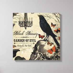 modern vintage halloween crow and skull canvas print