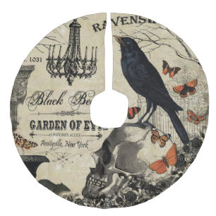 modern vintage halloween crow and skull faux linen tree skirt