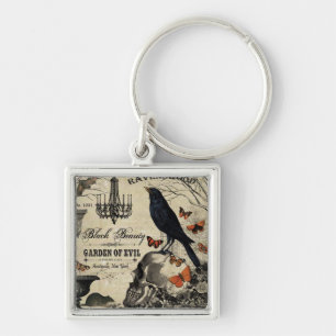 modern vintage halloween crow and skull keychain