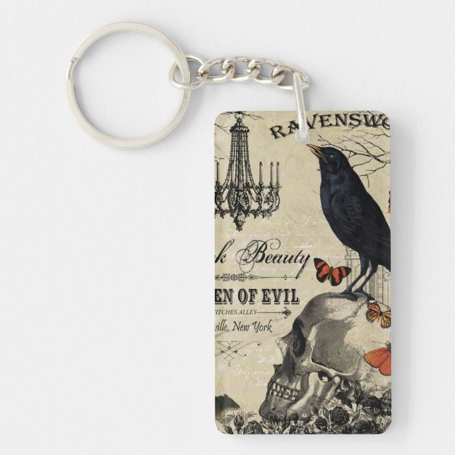 modern vintage halloween crow and skull keychain (Front)