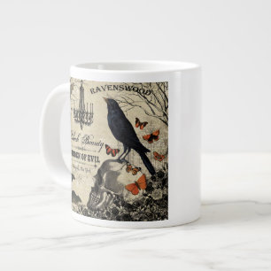 modern vintage halloween crow and skull large coffee mug