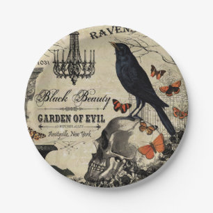 modern vintage halloween crow and skull paper plate