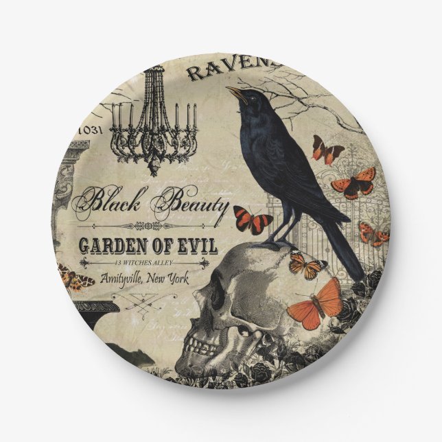 modern vintage halloween crow and skull paper plate (Front)