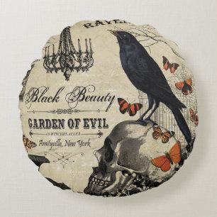 modern vintage halloween crow and skull round pillow