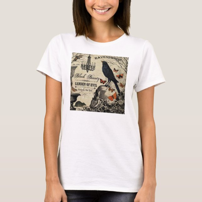 modern vintage halloween crow and skull T-Shirt (Front)