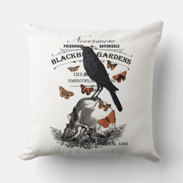 modern vintage halloween crow and skull throw pillow (Front)