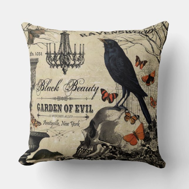 modern vintage halloween crow and skull throw pillow (Front)