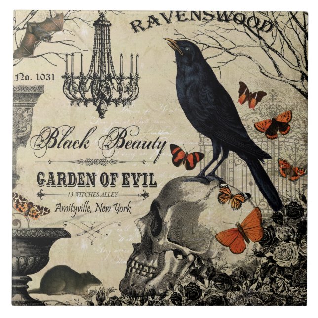 modern vintage halloween crow and skull tile (Front)