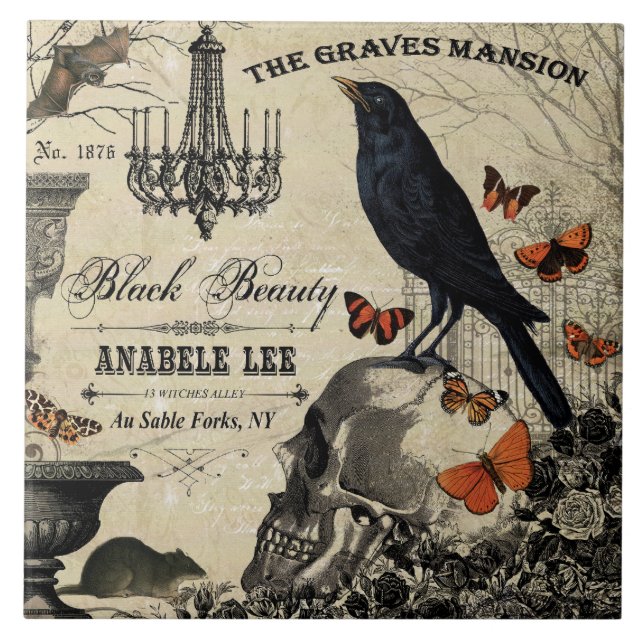 modern vintage halloween crow and skull tile (Front)