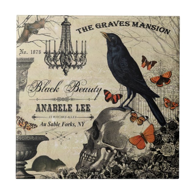 modern vintage halloween crow and skull tile (Front)