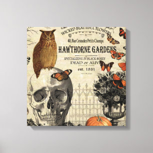 Modern vintage Halloween owl and skull Canvas Print