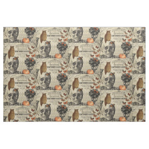 Modern vintage Halloween owl and skull Fabric