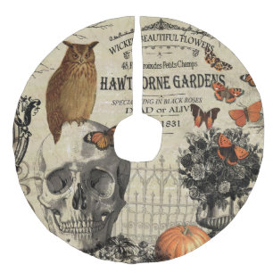 Modern vintage Halloween owl and skull Faux Linen Tree Skirt