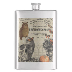 Modern vintage Halloween owl and skull Hip Flask