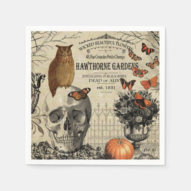 Modern vintage Halloween owl and skull Napkin (Front)