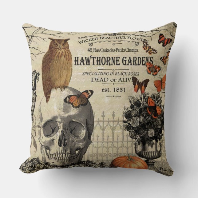 Modern vintage Halloween owl and skull Throw Pillow (Front)