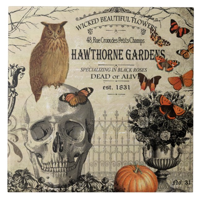 Modern vintage Halloween owl and skull Tile (Front)