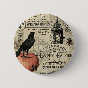 modern vintage halloween pumpkin and crow 2 inch round button