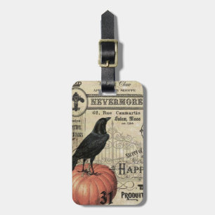 modern vintage halloween pumpkin and crow luggage tag