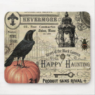 modern vintage halloween pumpkin and crow mouse pad