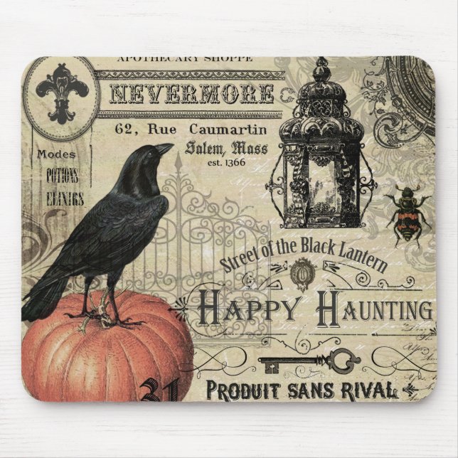 modern vintage halloween pumpkin and crow mouse pad (Front)