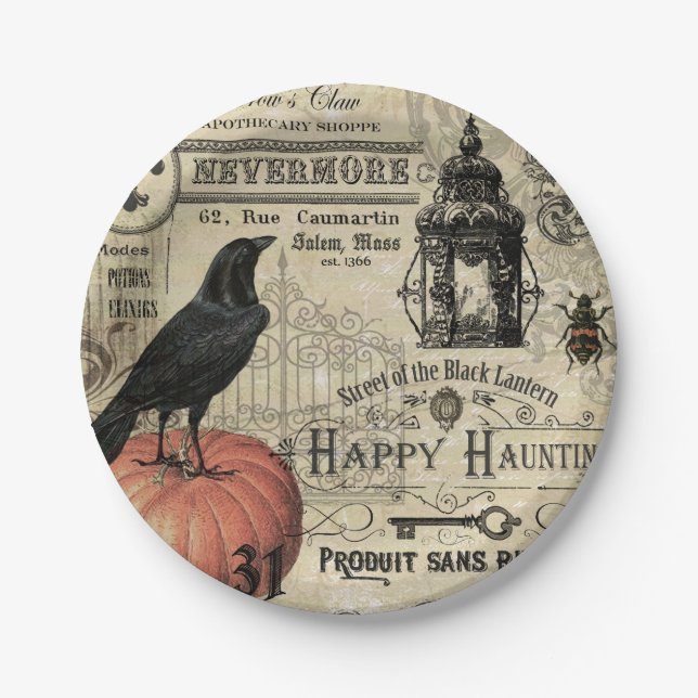 Modern Vintage Halloween pumpkin and crow Paper Plate (Front)