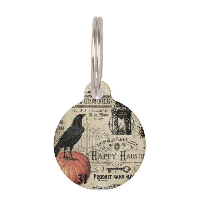 modern vintage halloween pumpkin and crow pet tag (Front)