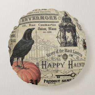 Modern Vintage Halloween pumpkin and crow Round Pillow