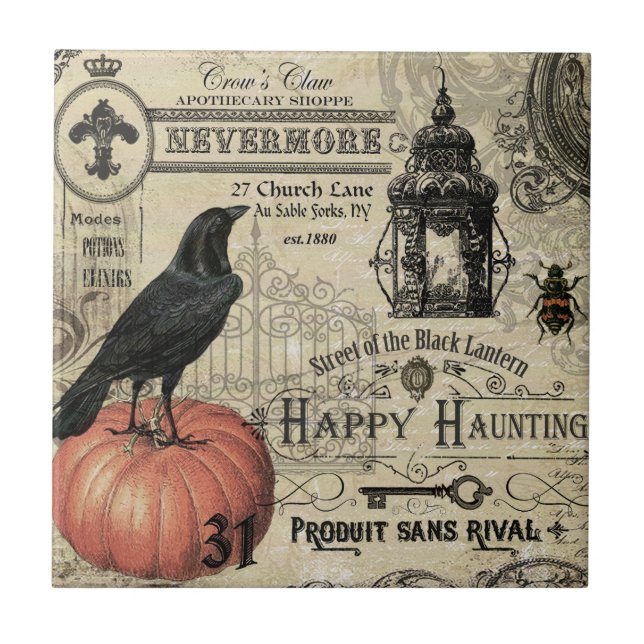 Modern Vintage Halloween pumpkin and crow Tile (Front)