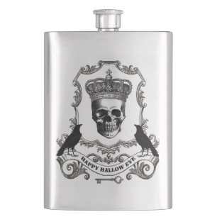 Modern vintage Halloween skull with crown Hip Flask