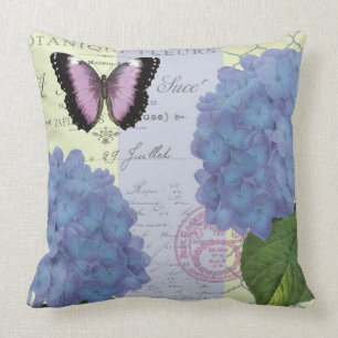 modern vintage hydrangea and butterfly throw pillow