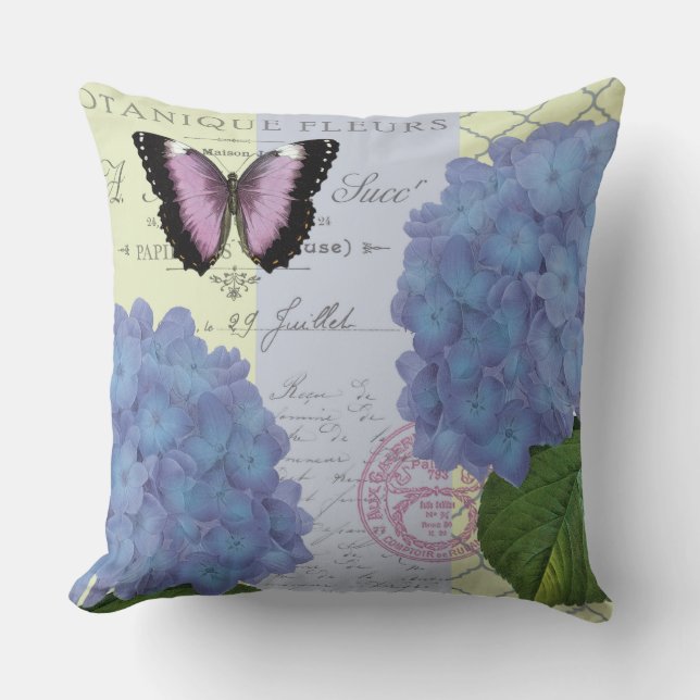 modern vintage hydrangea and butterfly throw pillow (Front)