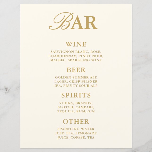 Modern Vintage Ivory Bar Menu Wedding Tabletop (Front)